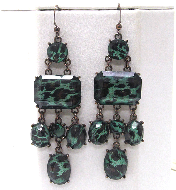 Multi shape coneted crystal glass stone with animal print drop earring