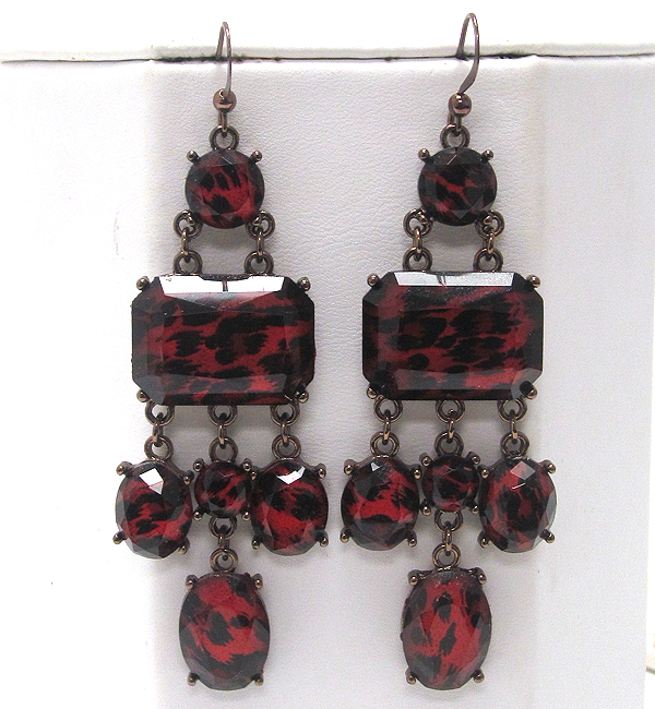 Multi shape coneted crystal glass stone with animal print drop earring