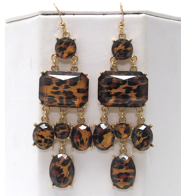 Multi shape coneted crystal glass stone with animal print drop earring