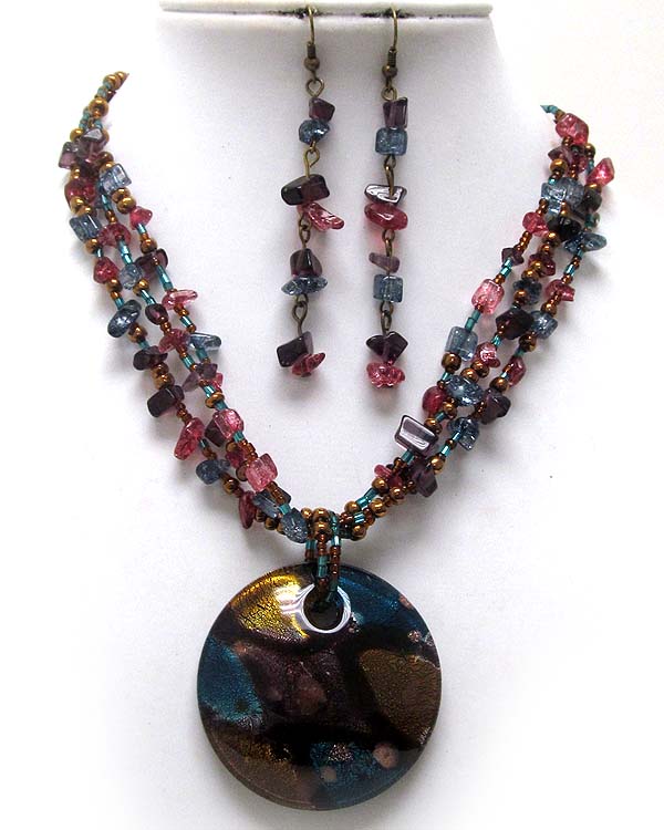 Murano glass disk pendant and chip stone necklace earring set