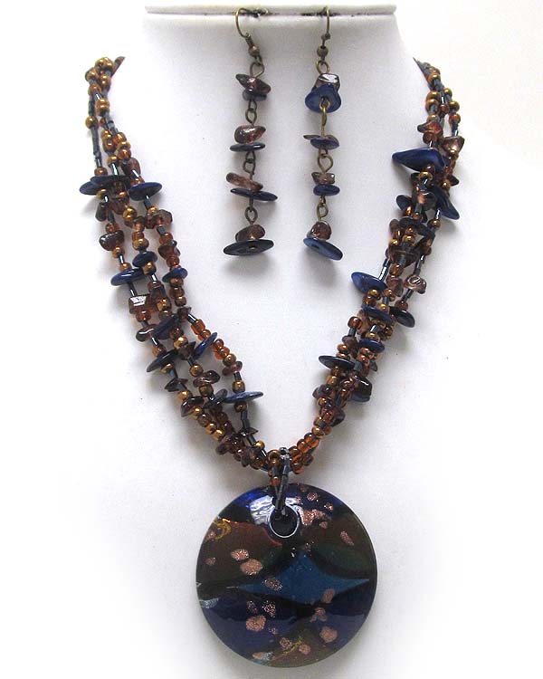 Murano glass disk pendant and chip stone necklace earring set