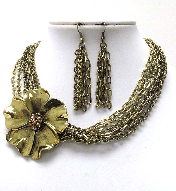 Multi metal chain with crystal flower on side choker necklace earring set