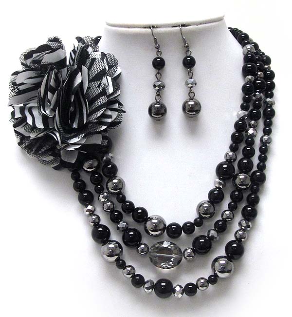 Three layer multi glass beads and multi pearls on side fabric flower necklace earring set