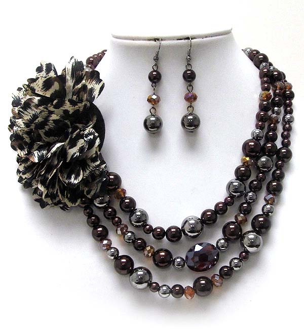 Three layer multi glass beads and multi pearls on side fabric flower necklace earring set