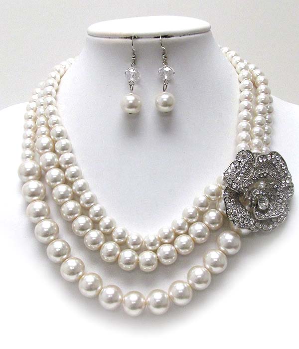 Crystal metal flower three layer pearl chain  necklace earring set