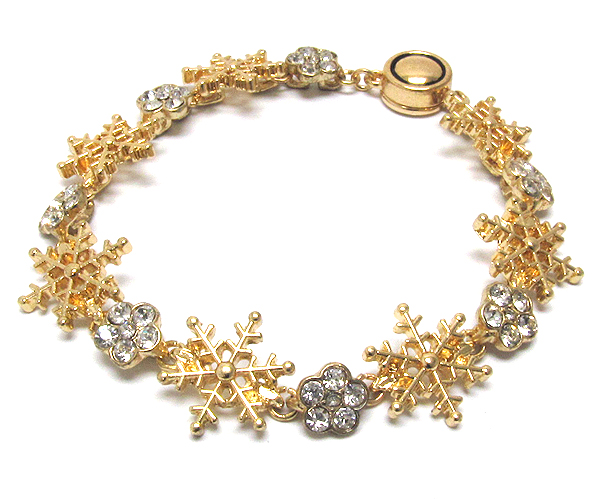 Crystal snow flake theme link magnetic clasp bracelet