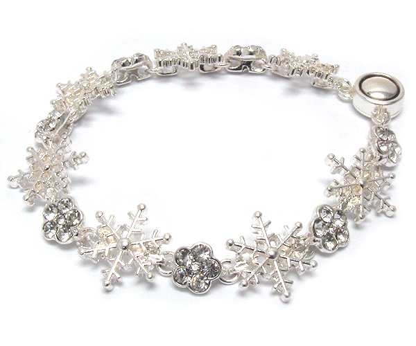 Crystal snow flake theme link magnetic clasp bracelet