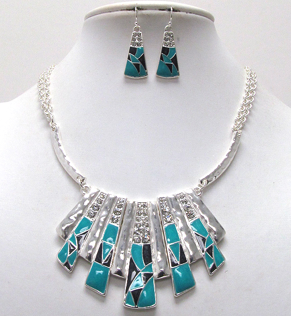 Crystal and epoxy deco hammered metal bar drop necklace earring set