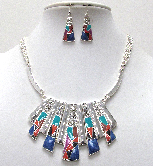 Crystal and epoxy deco hammered metal bar drop necklace earring set