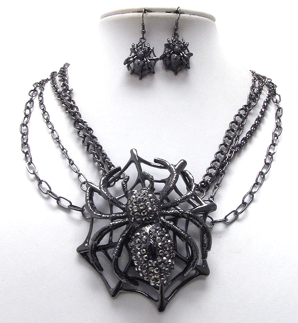 Large crystal spider web multi chain necklace earring set