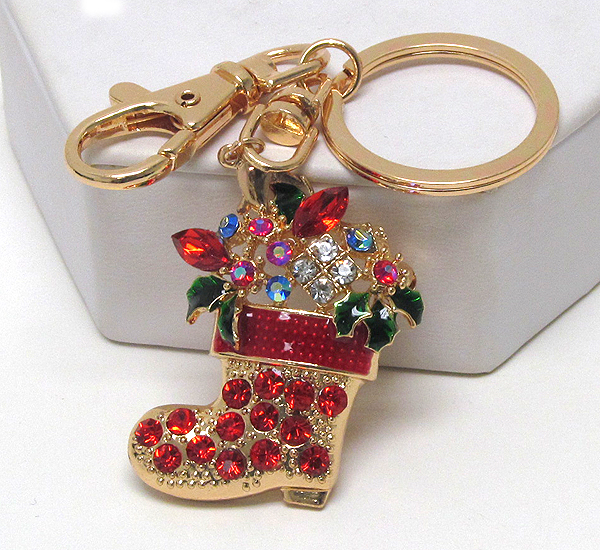 Crystal and epoxy christmas gift in red sock - 3 way pandant - brooch,key chain,necklace.