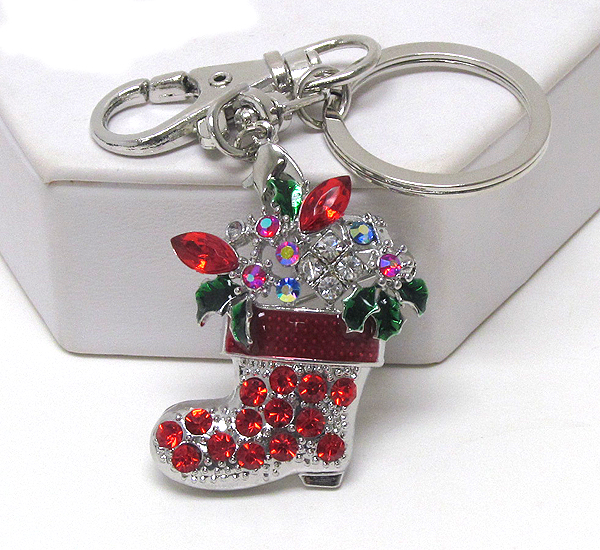 Crystal and epoxy christmas gift in red sock - 3 way pandant - brooch,key chain,necklace.