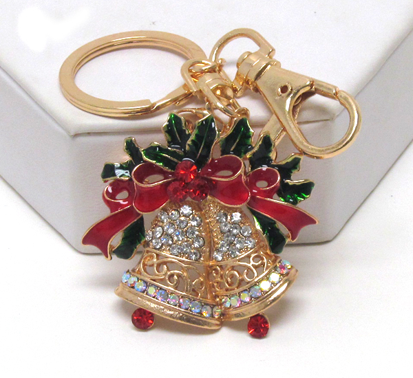 Crystal and epoxy christmas double bell - 3 way pandant - brooch,key chain,necklace.