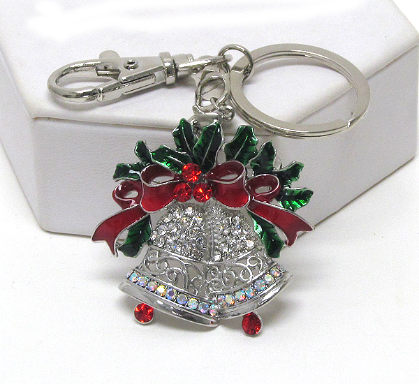 Crystal and epoxy christmas double bell - 3 way pandant - brooch,key chain,necklace.