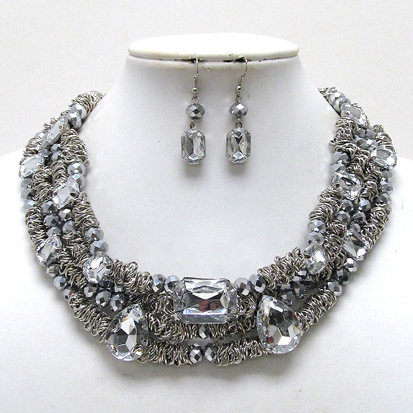 Multi mix size and shape facet glass stone and crystal on multi metal wired necklace earring set