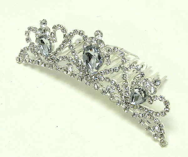 Rhinestone and tear drop crystal glass crown shape comb