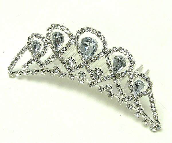 Rhinestone and tear drop crystal glass crown shape comb