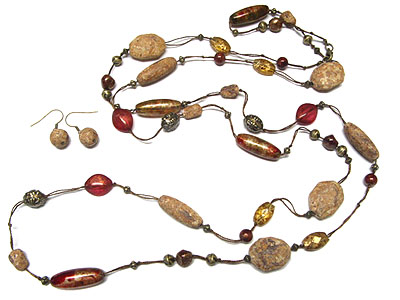 Natural stone and beads long necklace and earring set