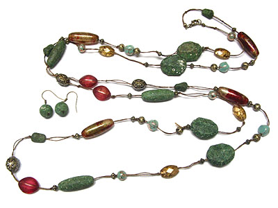 Natural stone and beads long necklace and earring set