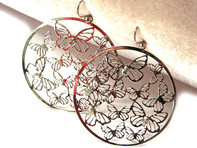 Butterfly metal cut out hoop earring - crystal post - hoops