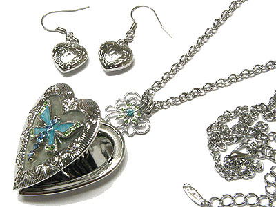 Crystal dragonfly heart locket necklace and earring set