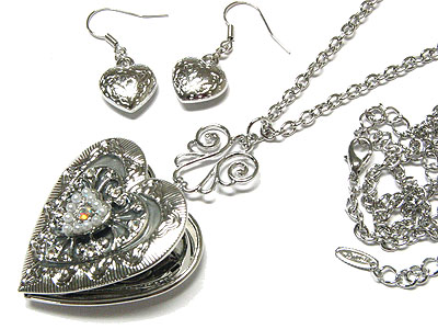 Crystal and pearl deco heart locket necklace and earring set