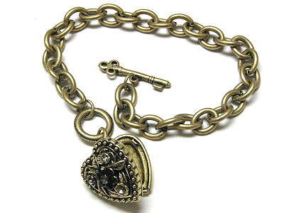 Vintage look crystal heart locket charm bracelet