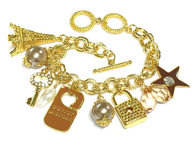 Eiffel tower and key and lock multi charm toggle bracelet - travel theme 