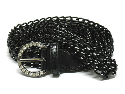 Crystal buckle meshed leather belt