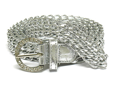 Crystal buckle meshed leather belt