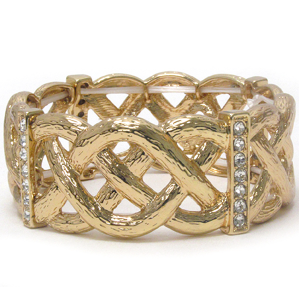 Crystal deco hammered metal woven stretch bracelet