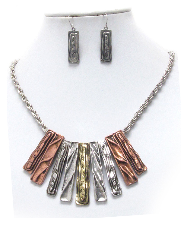 Textured metal tribal necklace earring set