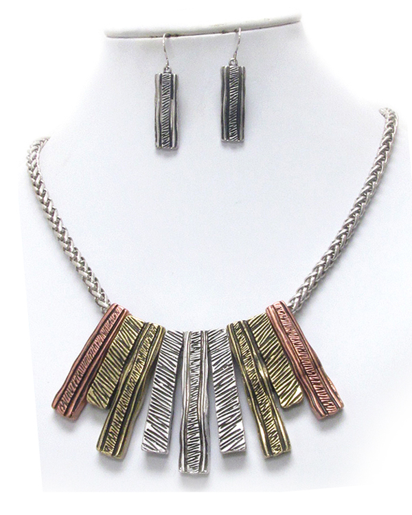 Textured metal tribal necklace earring set