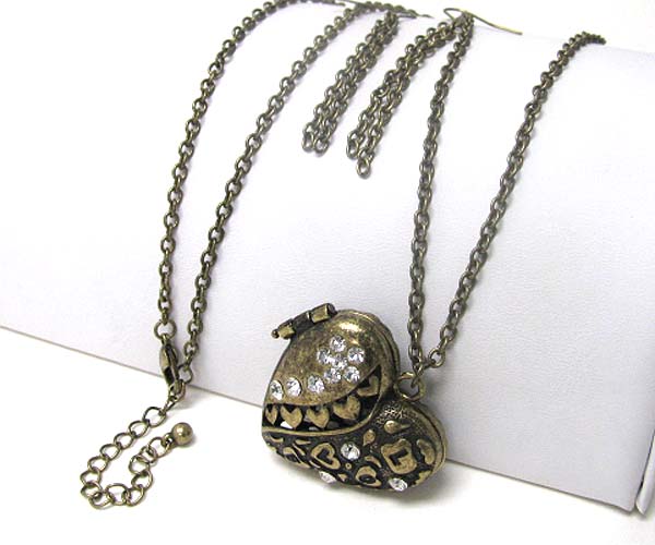 Crystal deco metal heart locket long necklace earring set