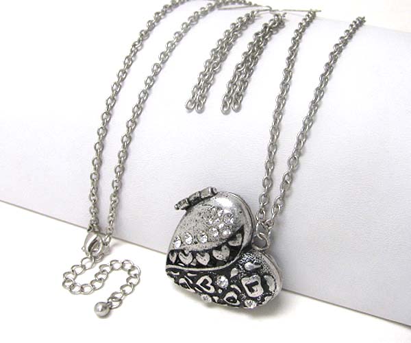 Crystal deco metal heart locket long necklace earring set