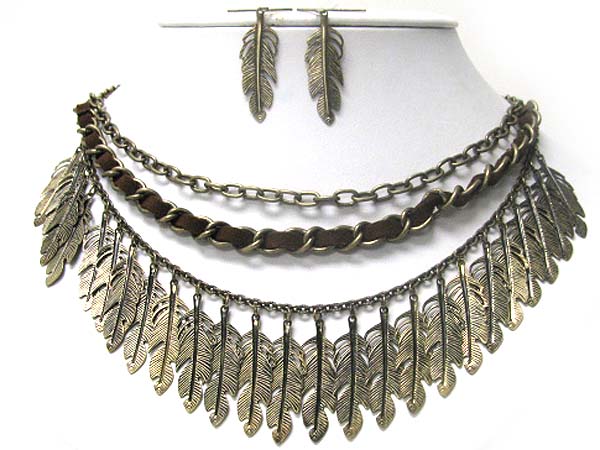 Multi metal feather dangle necklace earring set