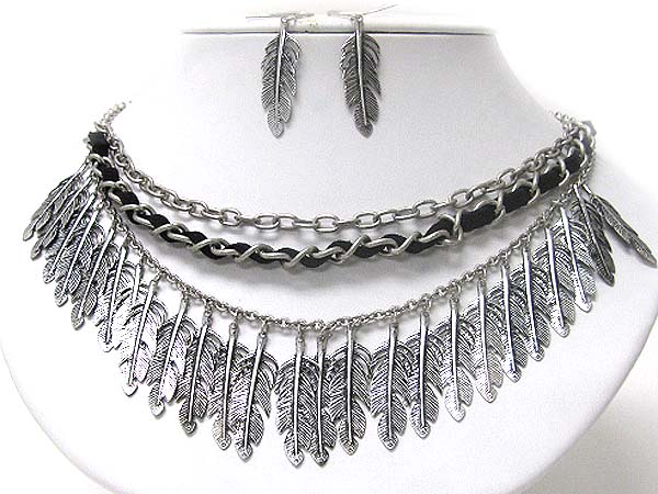 Multi metal feather dangle necklace earring set