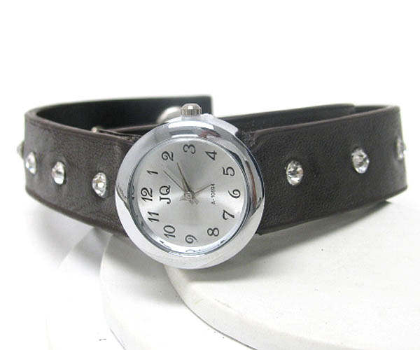 Crystal stud leatherette band wrap around watch