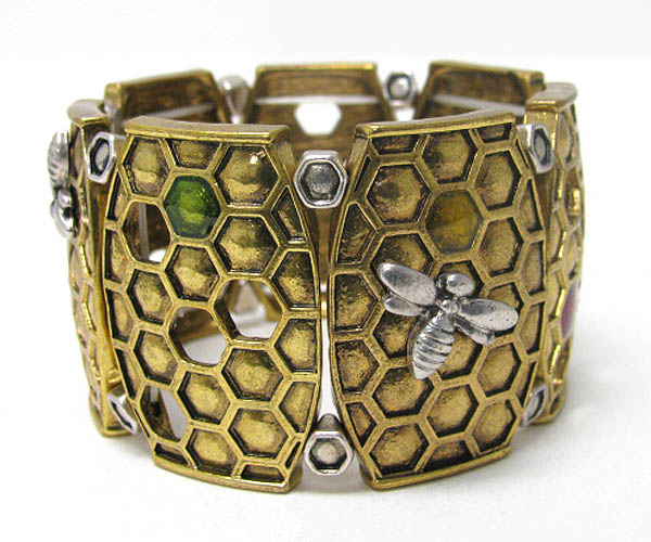 Honeycomb and bee deco wide stretch bracelet 