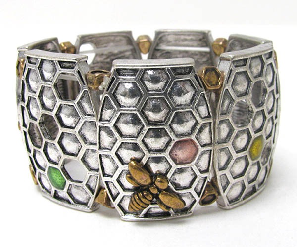 Honeycomb and bee deco wide stretch bracelet