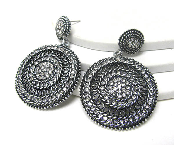 Crystal stud metal filigree round disk earring