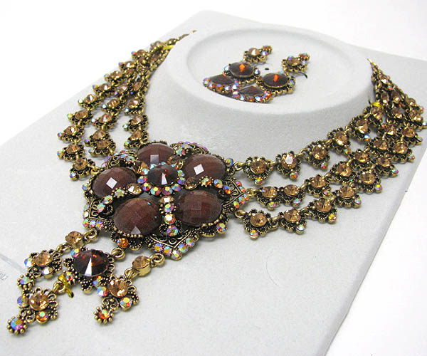 Luxurious austrian crystal line - multi crystal and facet glass deco party necklace earring set