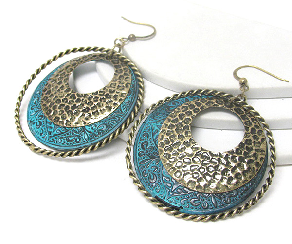 Patina metal round disk earring