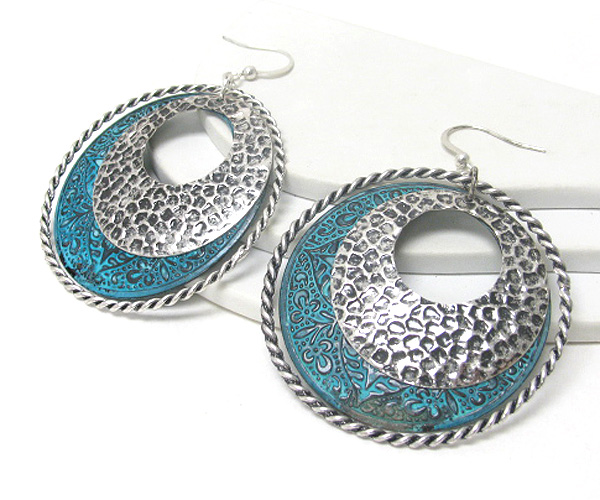 Patina metal round disk earring