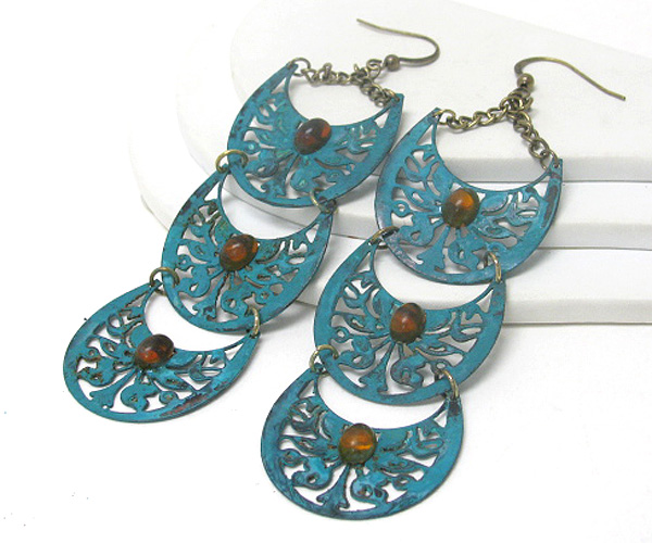 Patina metal triple drop earring