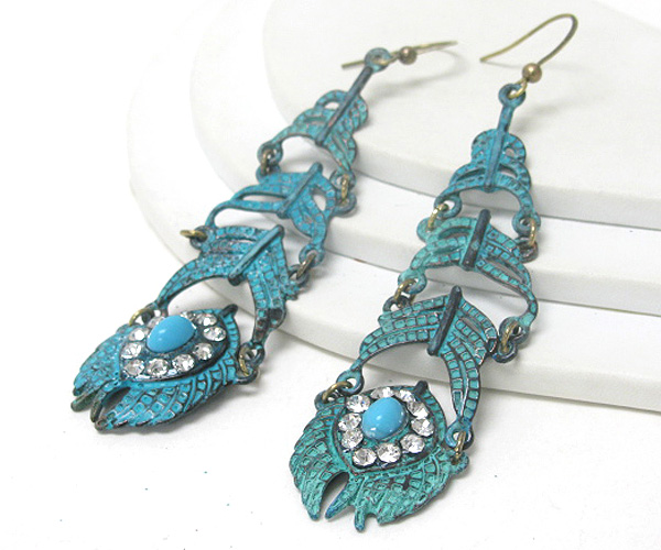 Crystal stud patina metal drop earring