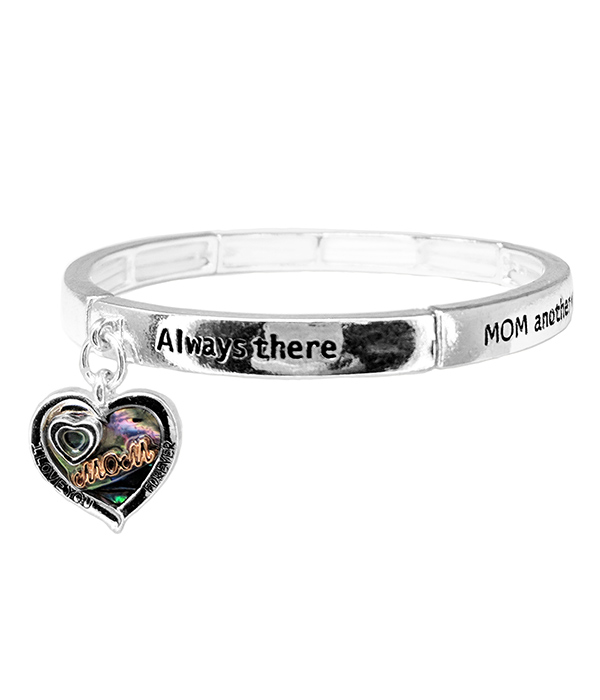 Mom theme abalone heart dangle stretch bracelet