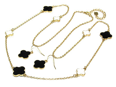 Black and white four leaved clover long necklace set