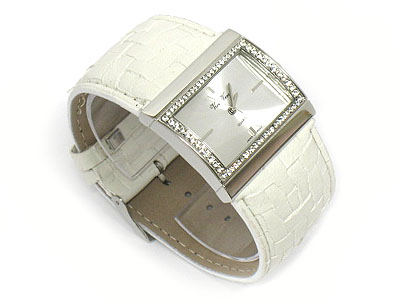 Crystal edged square face and leather band watch