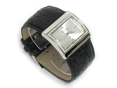 Crystal edged square face and leather band watch